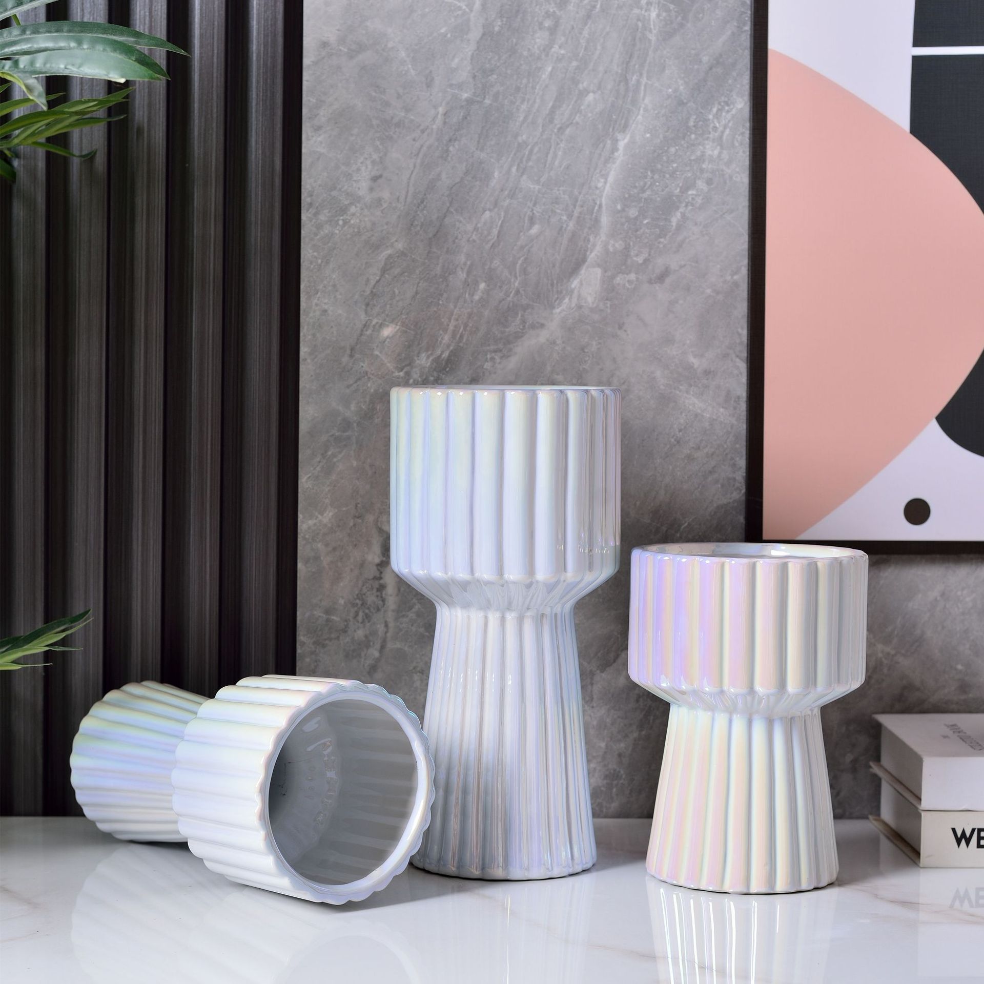 荧珠光白香槟色陶瓷花瓶花器三件套家居软装饰摆件樱花店资材