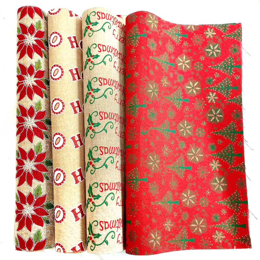 珠光粉棉麻印花布料亚麻布印花厂家直销外贸用布 圣诞节包装