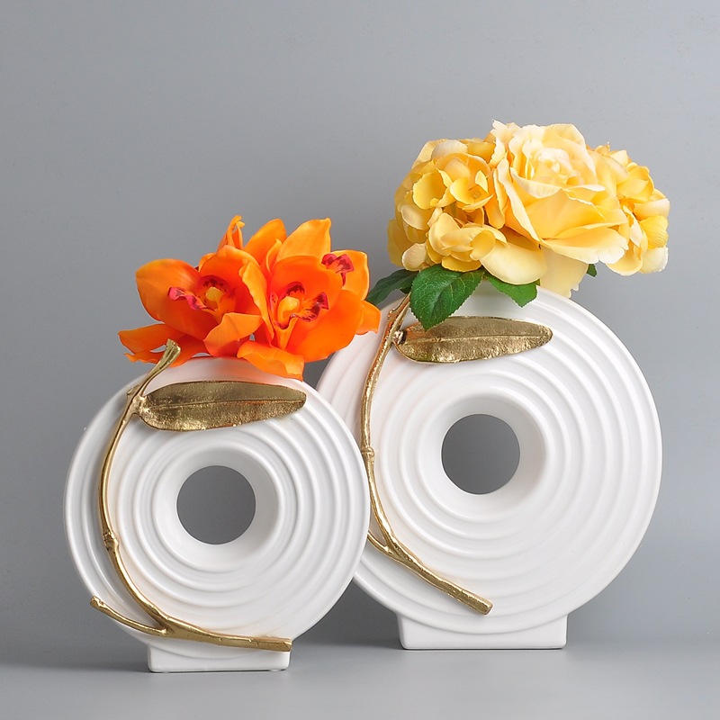 批发陶瓷花瓶 家居装饰品创意摆件 房间客厅欧式工艺品铜叶花插器