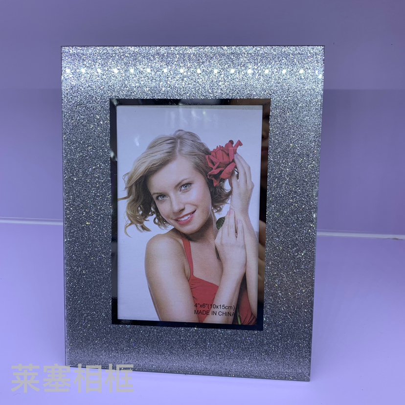 银色闪粉摆件照片家居装饰礼物客厅工艺品定制各种图案玻璃相框