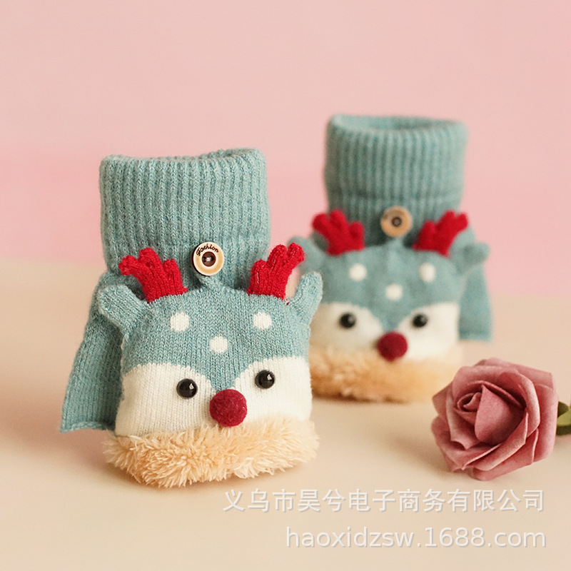 昊兮冬季外出保暖加绒加厚防寒圣诞卡通儿童半指翻盖驯鹿手套批发