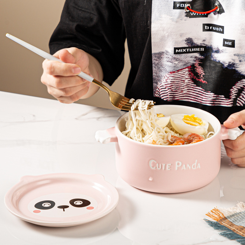 创意手绘简约陶瓷带盖双耳碗沙拉碗学生宿舍泡面碗家用个性大汤碗