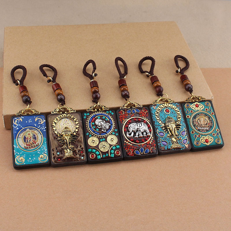 复古手作尼泊尔象神黑檀木唐卡汽车钥匙扣挂件异域风情包包挂饰品