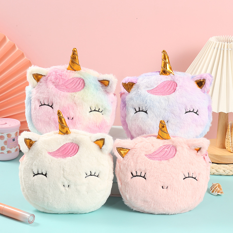 儿童卡通可爱包包 unicorn独角兽毛绒斜挎包 彩虹镭射单肩包女童