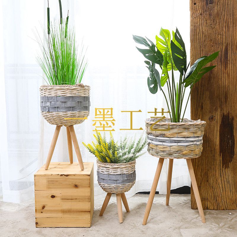 2021新款可拆装编织花架3件套编织花篮落地式客厅藤编花架