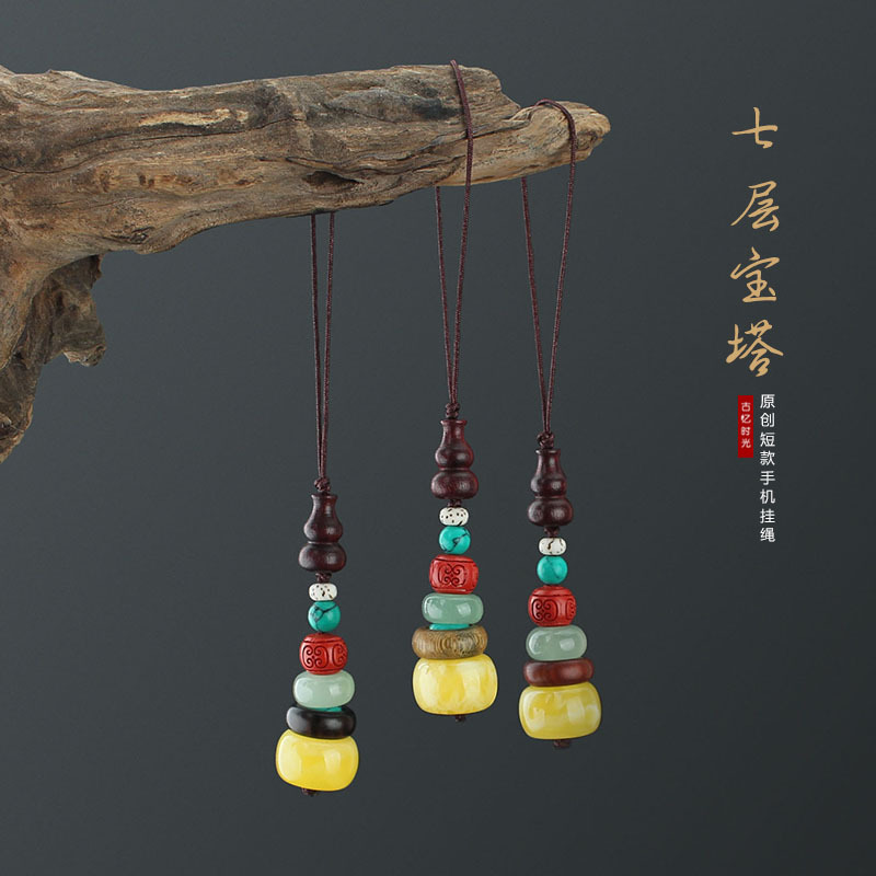七层宝塔黑檀木手机挂绳葫芦手机链短款u盘挂件男女创意包包挂饰
