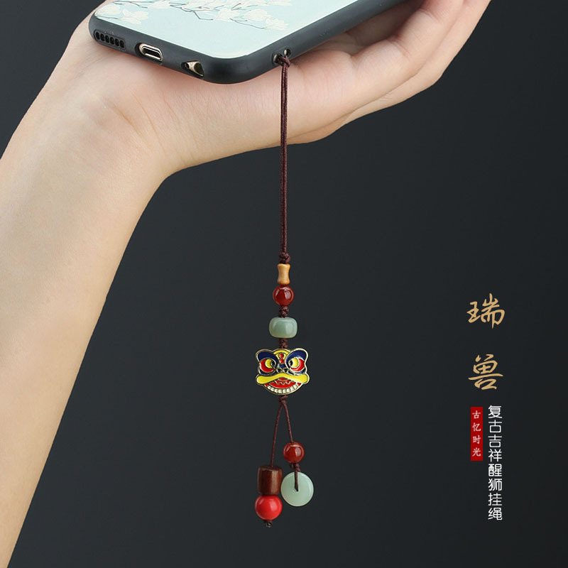 古法景泰蓝双面滴油醒狮手机挂绳手机链挂件男女个性创意平安挂饰