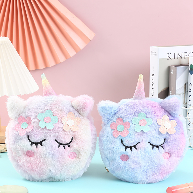 冬新款卡通儿童七彩毛绒单肩包独角兽零钱包幼儿园可爱女童斜挎包