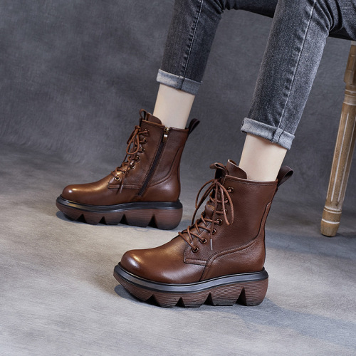 leather martin boots female new autumn and winter platform full cowhide retro mid-calf brown women‘s boots short boots