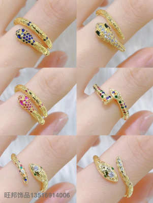 Europe and America Creative Personality Snake Ring Female Real Gold Plating Micro Inlaid Zircon Snake Open Ring Cross-Border Hot