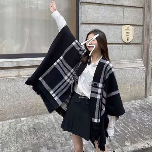 Wool Autumn and Winter Shawl New Plaid Knitted Cape and Shawl Women‘s Loose and Lazy Style Double-Sided Wear Autumn Outer Wear