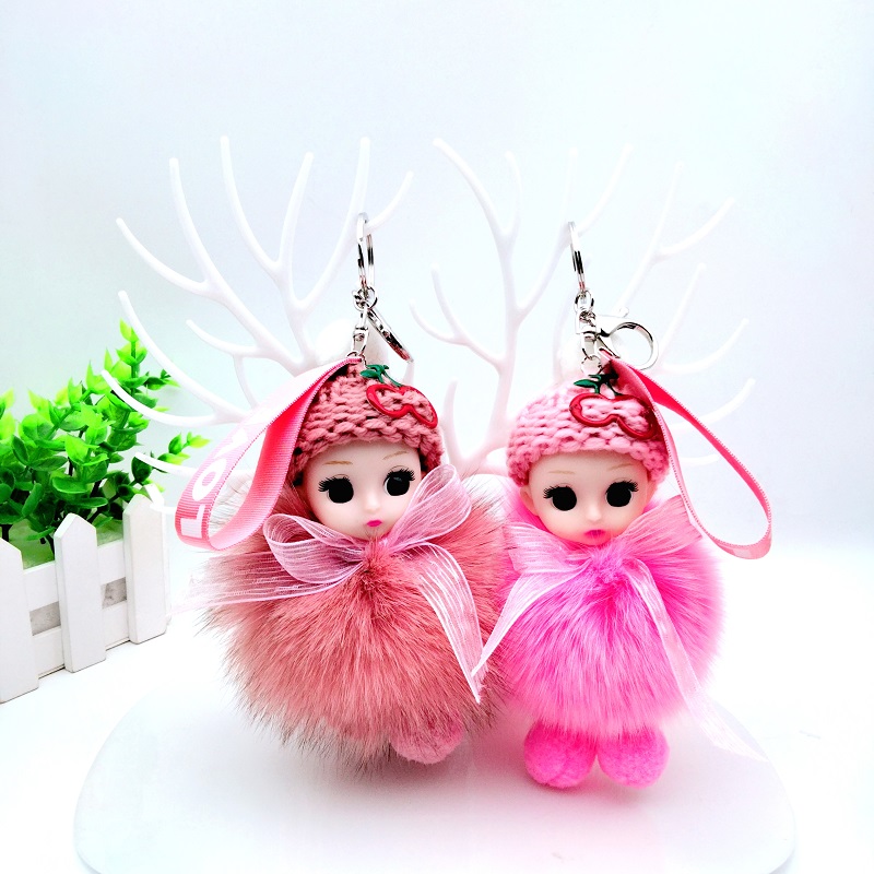 可爱獭兔毛睡眼娃娃汽车钥匙扣挂件网红毛绒公仔玩偶包包皮草挂饰