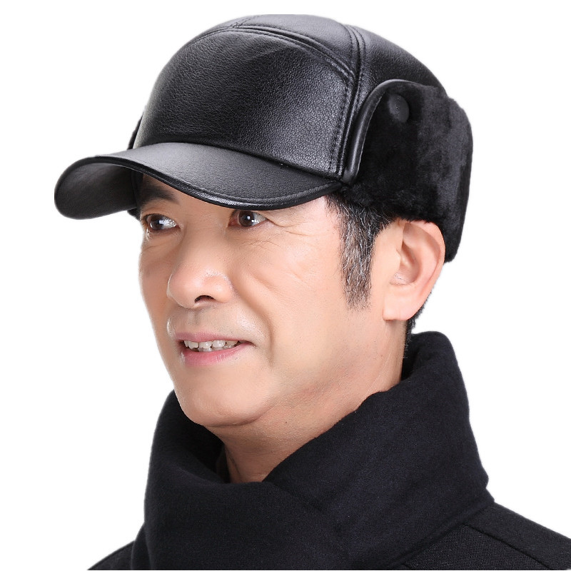 中老年冬季鸭舌皮帽男老人帽加厚保暖护耳皮帽子妈妈爸爸帽雷锋帽