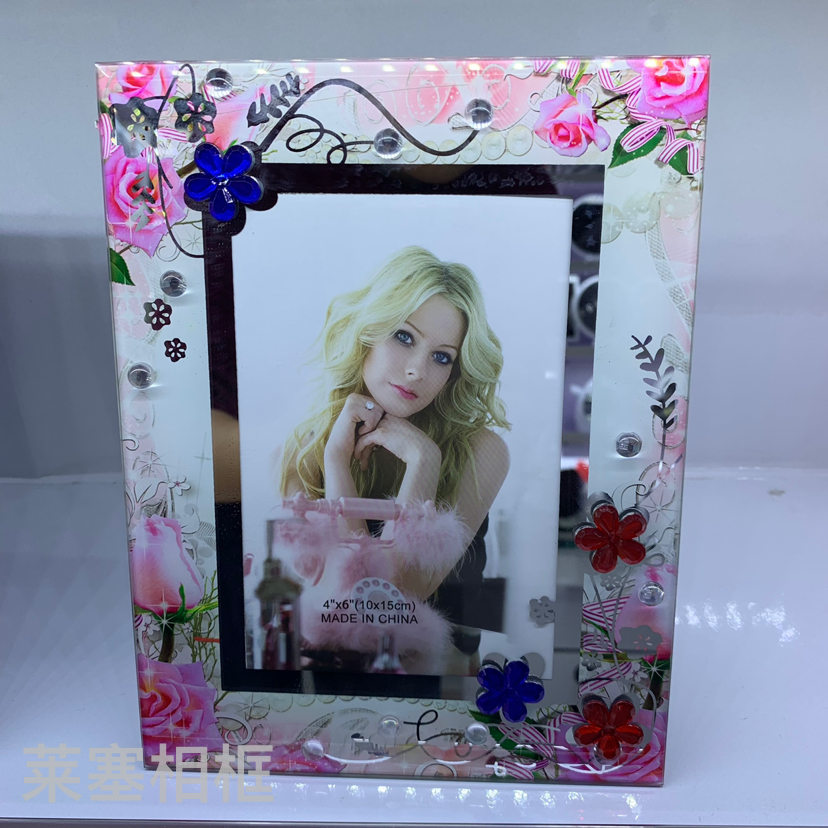 粉色贴纸带钻照片家居装饰礼物客厅工艺品定制各种图案玻璃相框