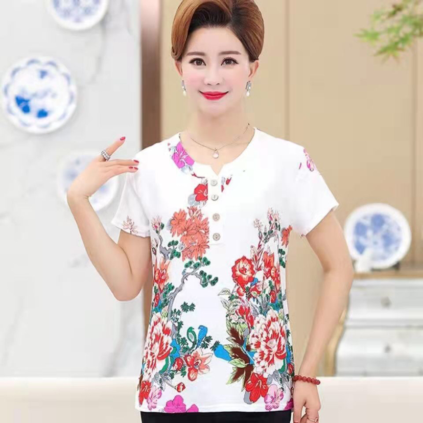 棉麻短中老年女装夏季短袖T恤妈妈装圆领花色宽松T恤大码多色大码