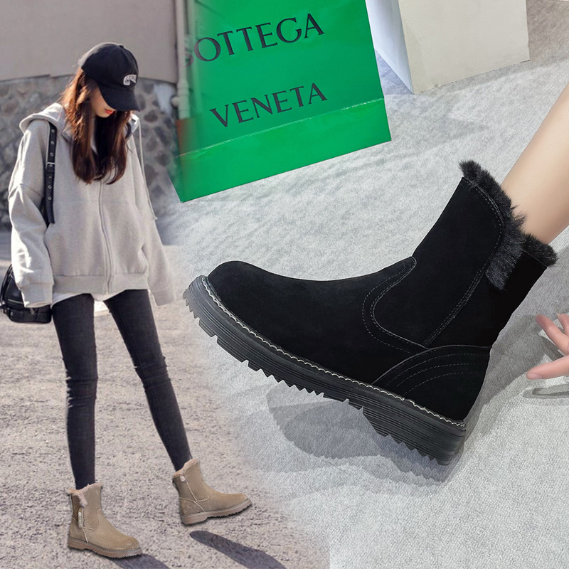 新款磨砂牛皮 雪地靴女中筒女靴 冬季皮毛一体雪地棉加厚绒侧拉链
