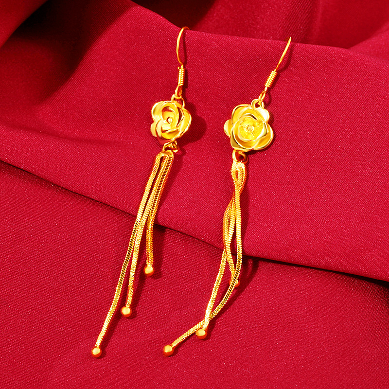 越南沙金打造24K黄金耳线四叶草耳坠 金耳环流苏耳钩长款结婚首饰