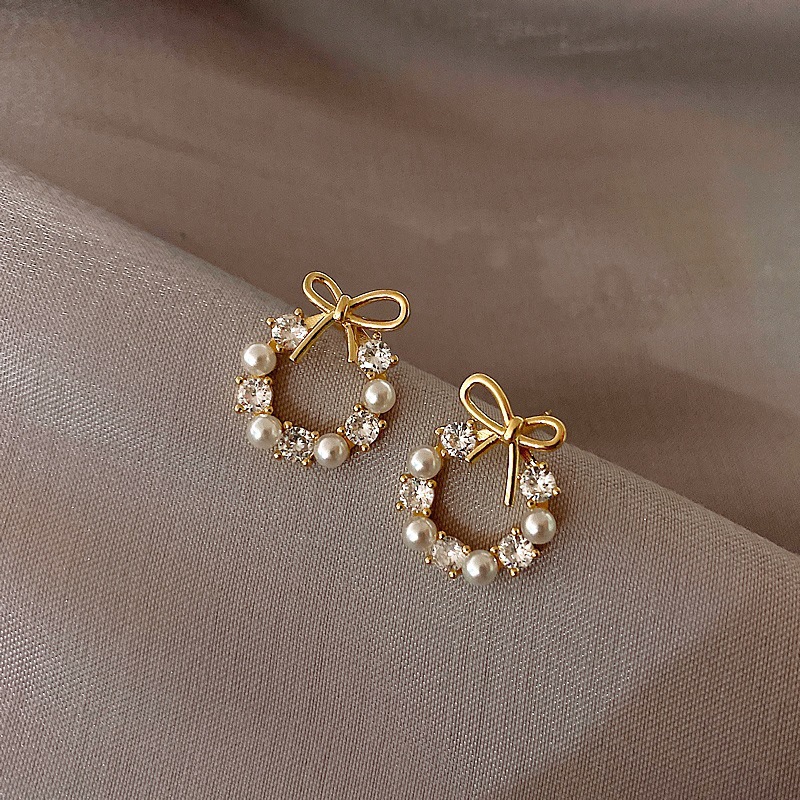 蝴蝶结耳环女镂空镶钻花环珍珠耳饰气质韩国耳钉S925银针复古耳饰