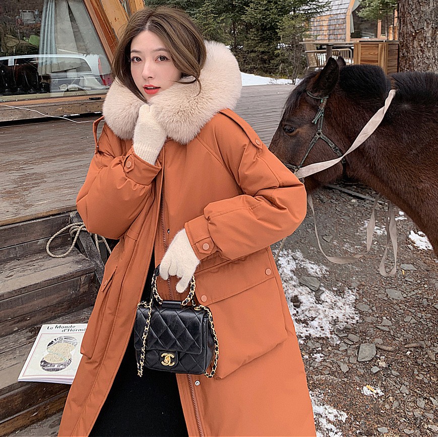 夏诗文90白鸭绒韩版保暖羽绒服女中长款加厚冬季狐狸毛领过膝外套