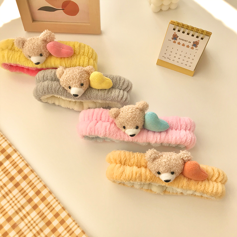 秋冬新款爱心小熊束发带 可爱拼色洗脸发饰 软萌少女心发箍头饰女