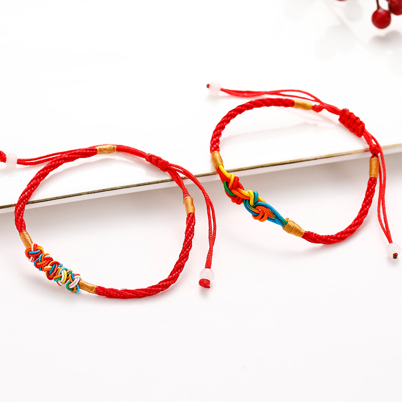 端午节红绳五彩色菠萝扣梅花扣手链男女款手工编织八字结手链批发