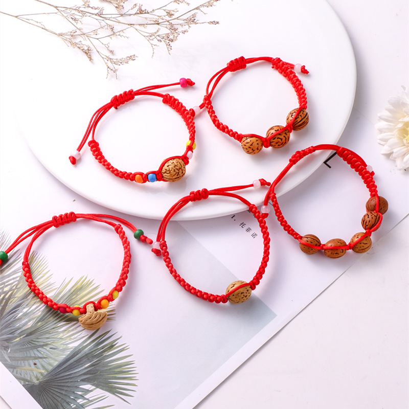 手工编织五彩绳本命年天然桃核红绳儿童宝宝压惊防惊吓手链批发