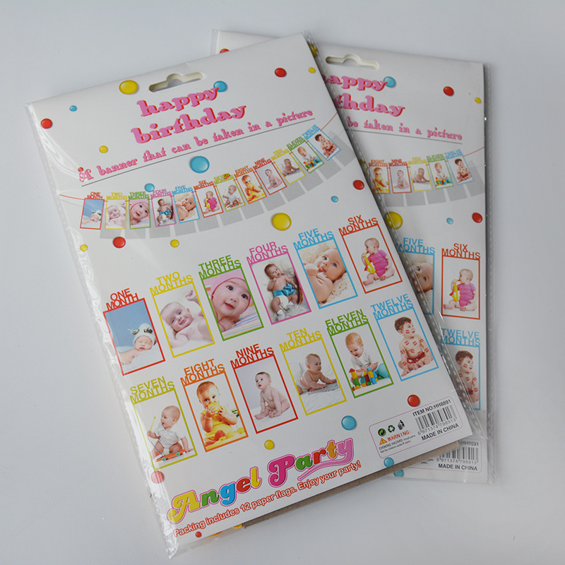宝宝生日派对照片墙装饰diy相片拉旗party用品12个月照片夹挂旗