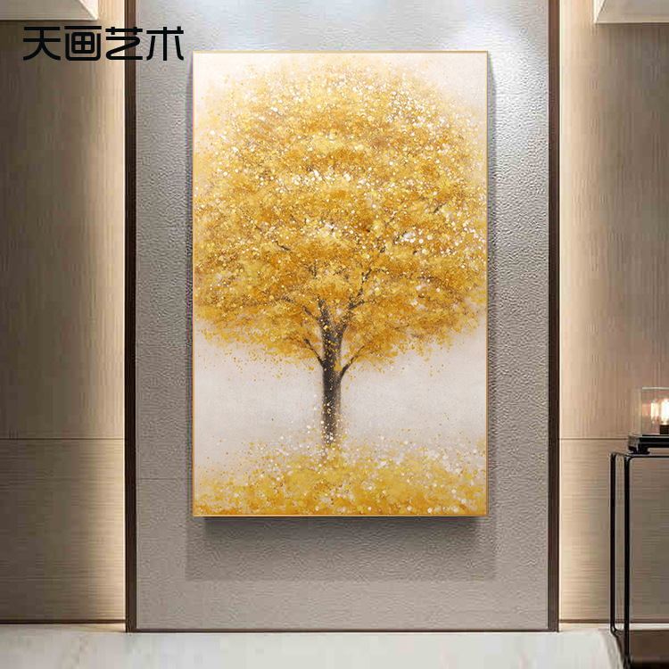 发财树壁画纯手绘油画客厅玄幻玄关装饰画北欧挂画竖版手工复式楼