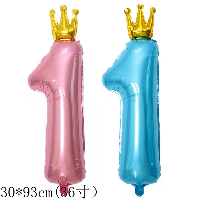 蓝粉36寸皇冠数字1 连体气球宝宝周岁生日派对装饰布置铝膜球批发