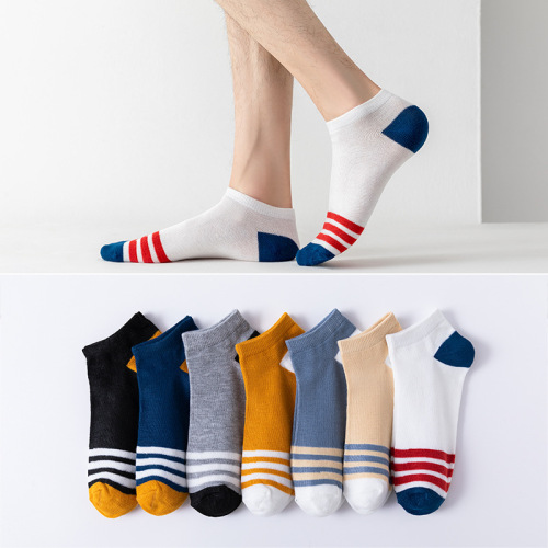 Casual Men‘s Socks Cotton Spring and Summer New Short Socks Double Needle Breathable Sweat-Absorbing Men‘s Patchwork Color Boat Socks Wholesale