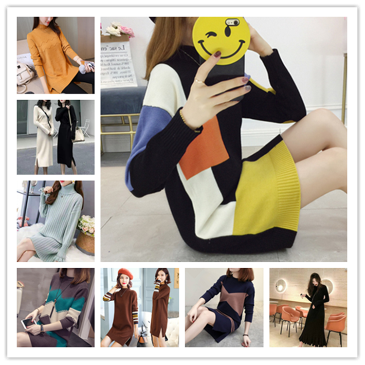 2021秋冬加厚针织连衣裙女宽松新款长款过膝韩版打底内搭毛衣