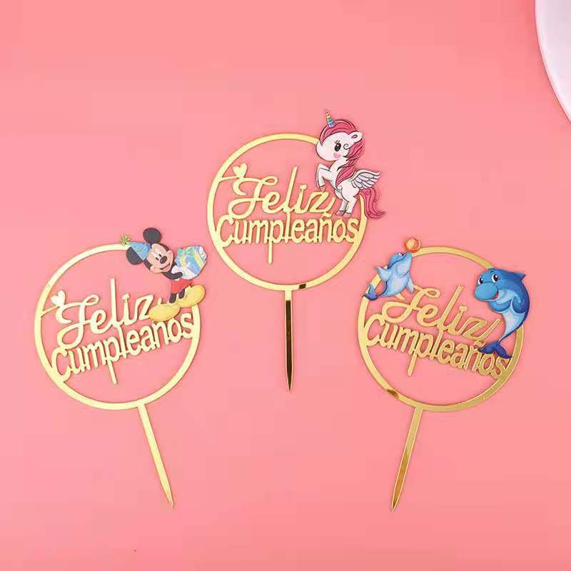 外贸彩印亚克力蛋糕插牌小海豚独角兽生日蛋糕装饰量大价优