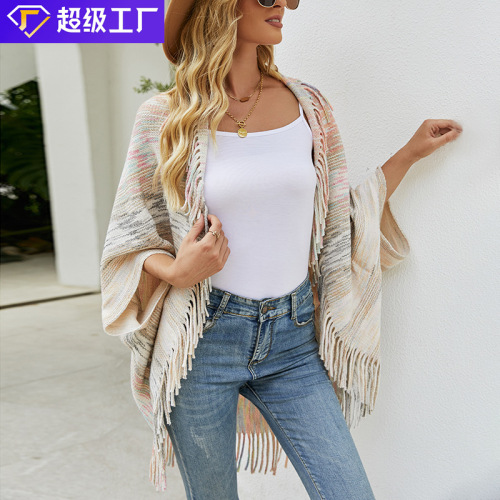 Shawl Cape Sweater Cardigan Wool Knitted Scarf Tassel Hem Color Difference Female