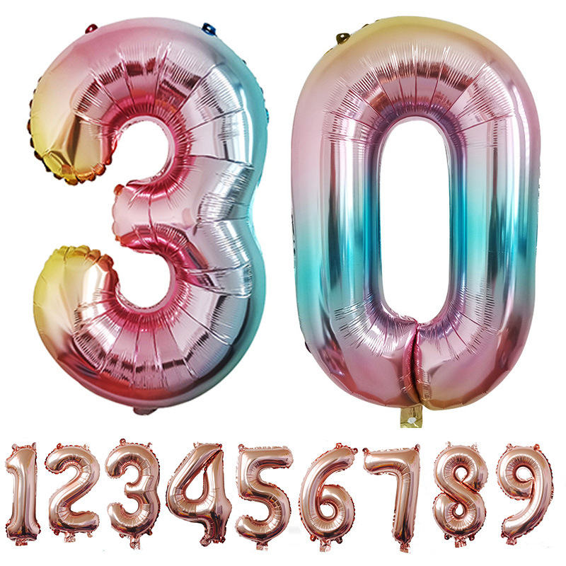 批发创意32寸生日数字铝膜气球渐变色彩虹色跨境平台热卖婚庆装饰