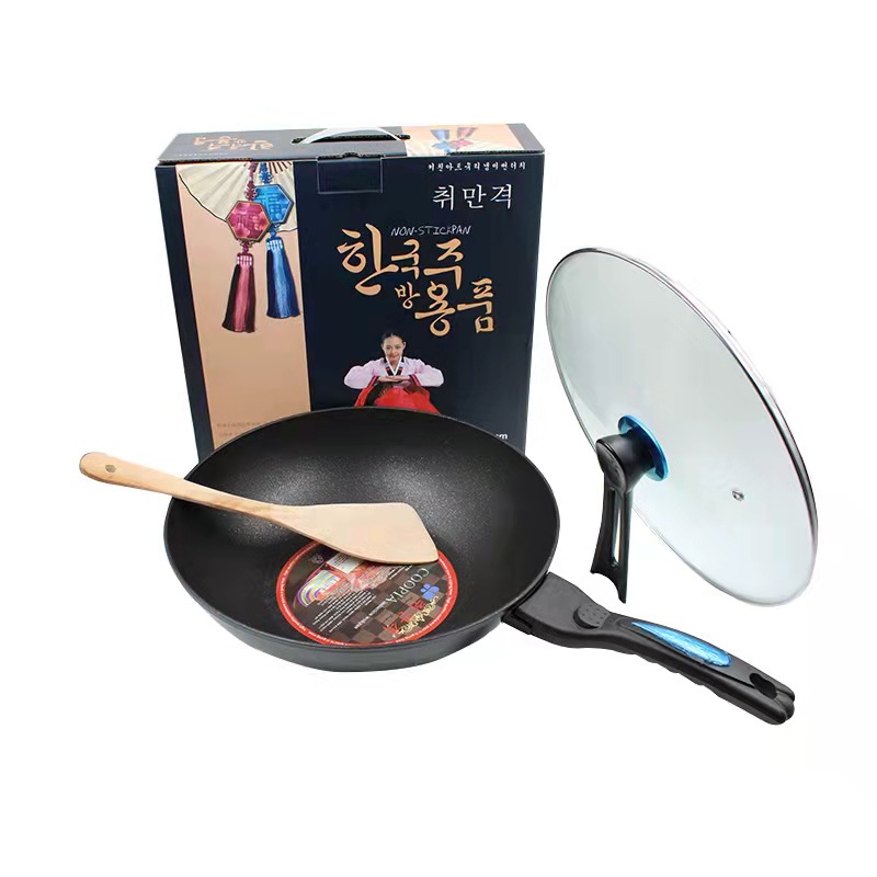 厂家直销  韩国麦饭石不粘锅炒锅家用无烟炒菜锅平底锅套装礼品锅