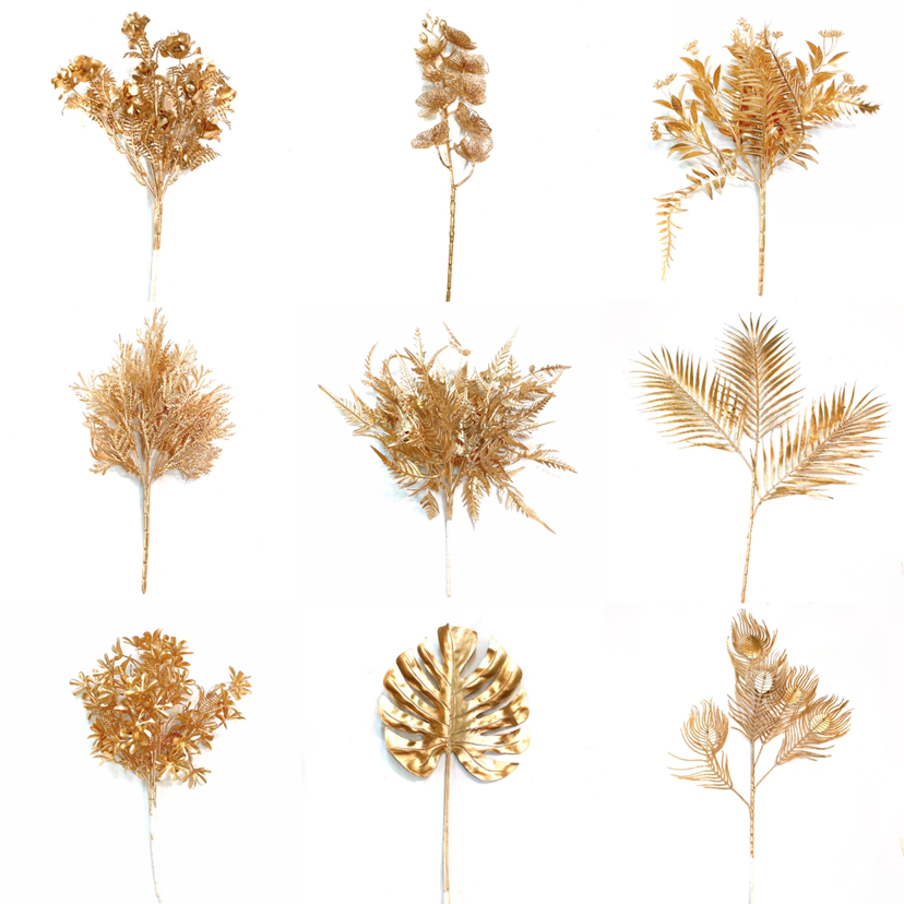 金色婚庆仿真花假花 花束尤加利龟背叶琴丝竹扇叶金钱叶竹叶 厂家