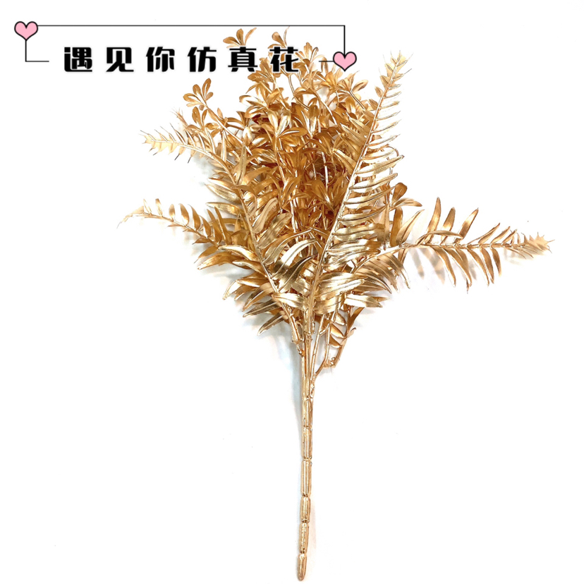 爆款金色假花圣诞花金色尤加利银杏叶仿真金色塑料花金果婚庆装饰