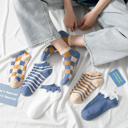 Women‘s Summer Thin Socks Socks Women‘s Spring/Summer Low Cut Socks Ins Trendy Cute Japanese Style Blue Plaid Cotton Socks