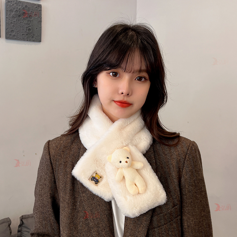 亲子韩版冬季可爱卡通小熊毛绒围巾米白保暖加厚少女百搭交叉围脖