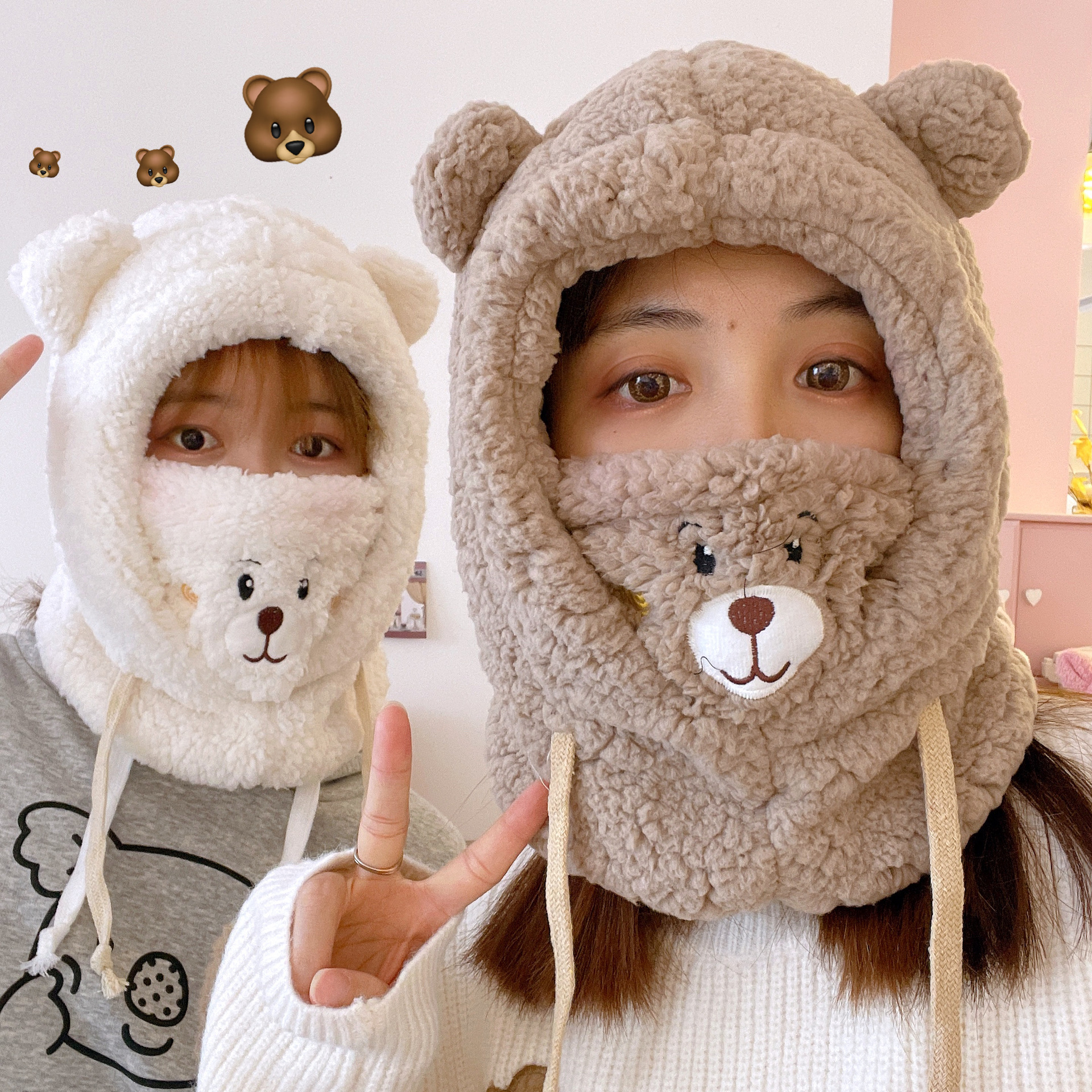 可爱毛绒帽子围脖一体女冬季百搭冬天骑车小熊护耳保暖围巾韩版潮
