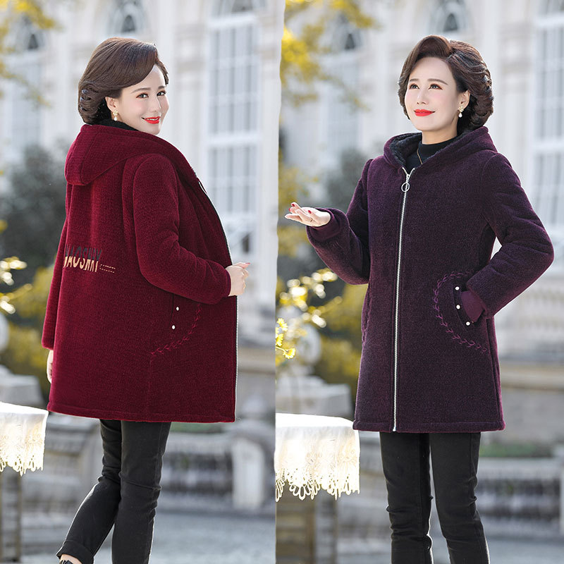 中老年女秋冬装加绒加厚棉衣时尚洋气妈妈装连帽保暖棉服棉袄外套
