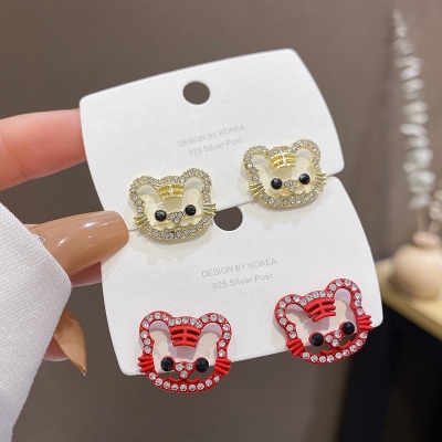 Sterling Silver Needle Tiger Zodiac Year New Year Red Stud Earring Women's New Cute Tiger Hollow Jeweled Earrings Fashion
