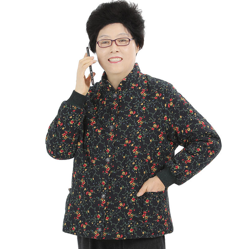 胖妈妈夹棉外套薄棉袄小棉衣中老年人加棉上衣秋冬钮扣开衫