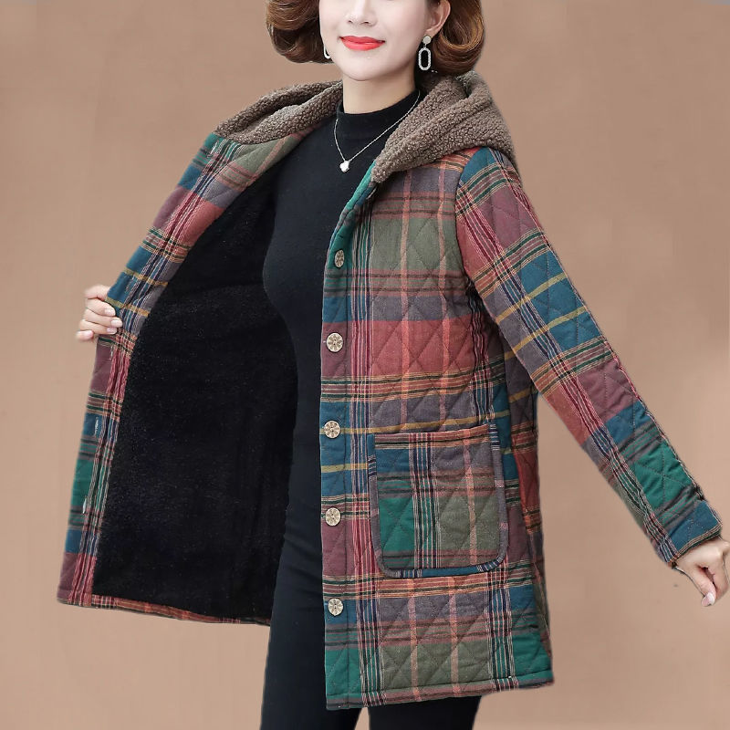 妈妈冬装洋气加绒加厚棉袄中老年女装连帽棉服保暖棉衣中长款大码
