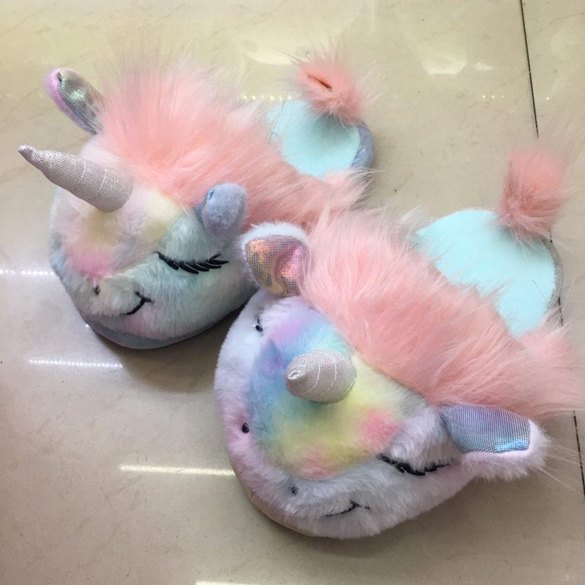 长毛七彩独角兽外贸内销保暖美观拖鞋