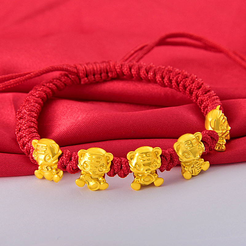 虎年本命年红绳手链男女款24K包金五福虎编织红色手绳情侣手饰