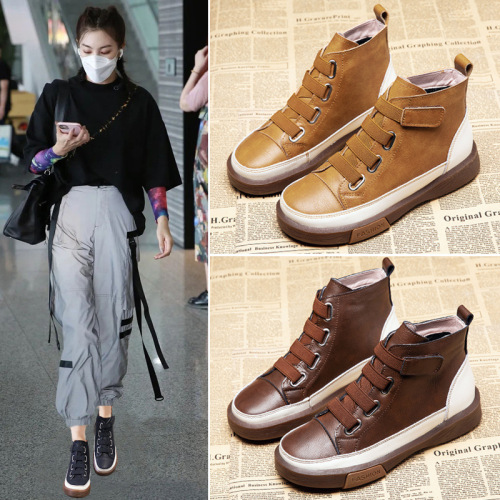 leather martin boots women‘s flat winter velcro large size vintage velvet ankle boots short cotton boots
