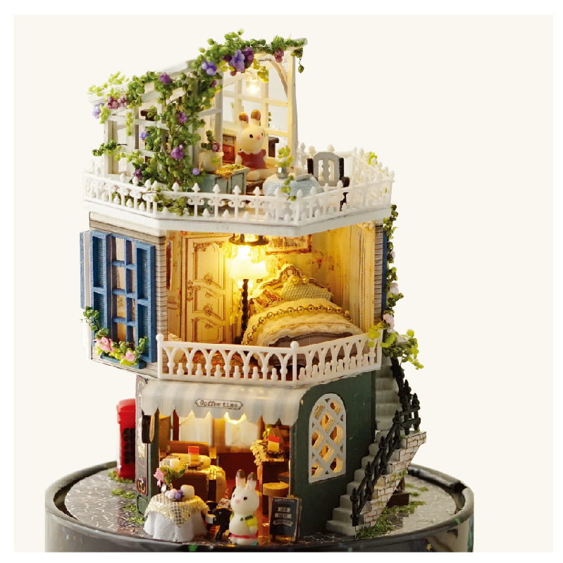 智趣屋diy小屋透明罩旋转音乐八音盒世界手工拼装模型房子创意礼