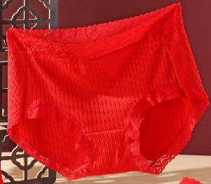 仙妮贝本命年虎年纯大红罗纹提花中腰内裤女士蕾丝边短裤头女