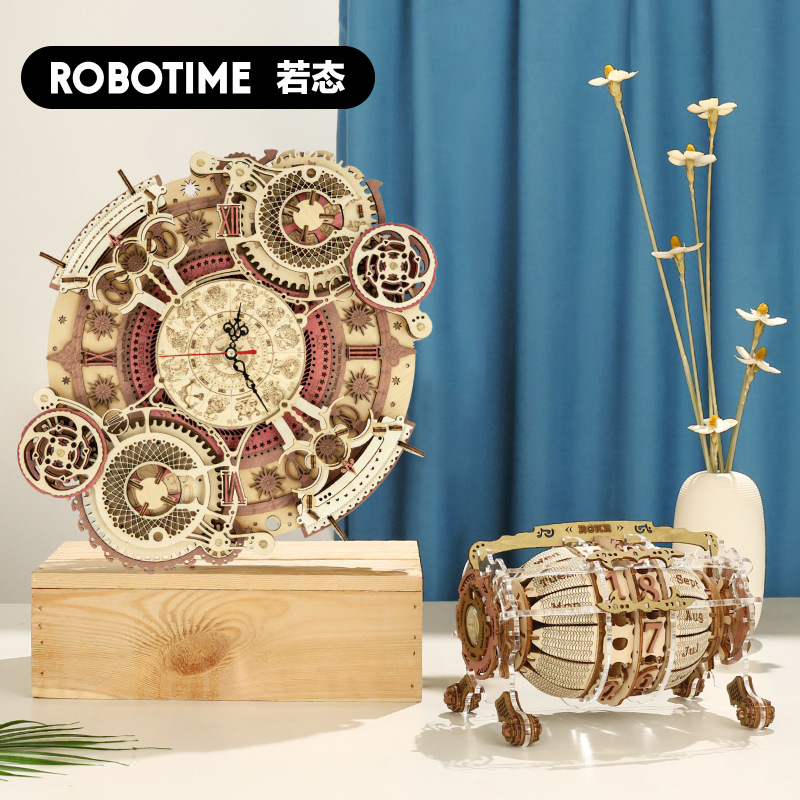 若态木质挂钟日历DIY拼装玩具3D拼图简约家居装饰床头摆件挂钟